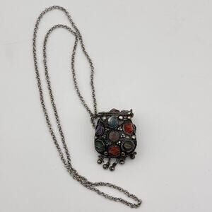 Vintage Sajai Metal Coin Necklace Stone Prayer Box Pendant Pill Purse Box Boho